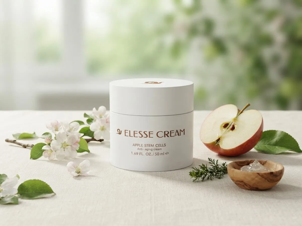 Elesse Cream jar and box among apples, citrus and botanical ingredients