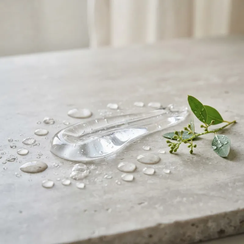 Clear hyaluronic gel droplets on a stone surface