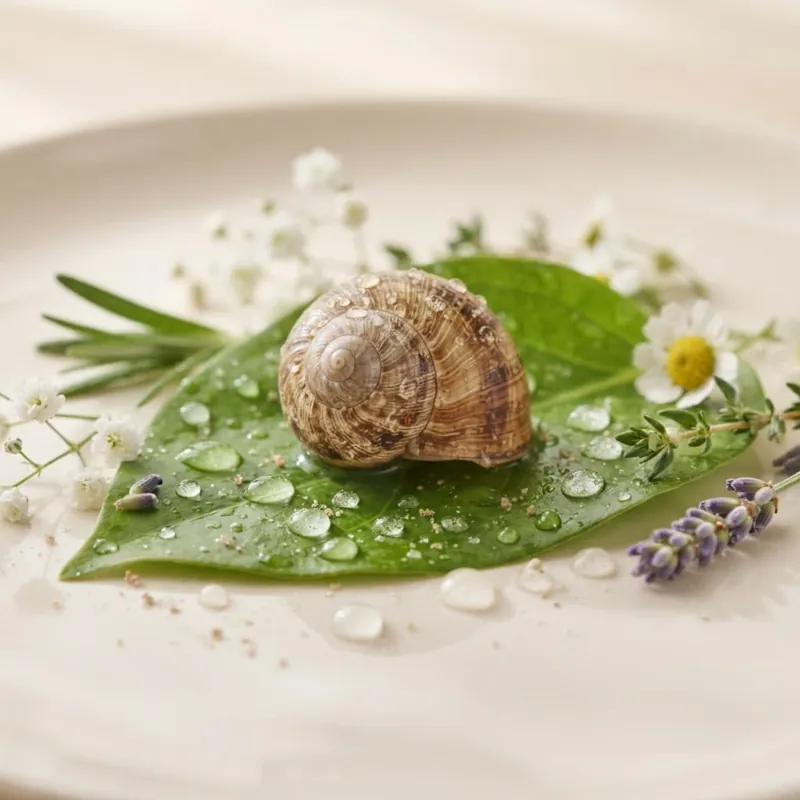 Snail on a green leaf with dew drops