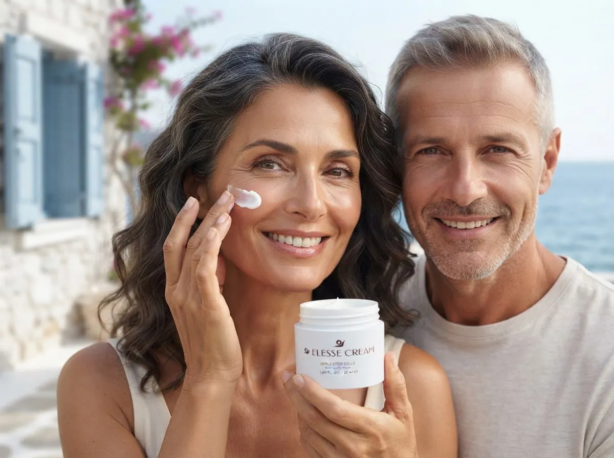 Smiling couple applying face cream by a window overlooking the sea