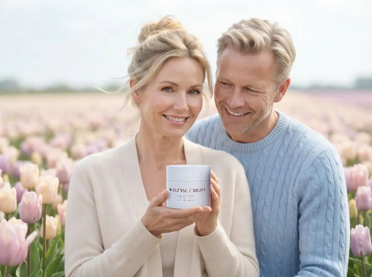 Smiling couple holding a jar of face cream in a field of tulips