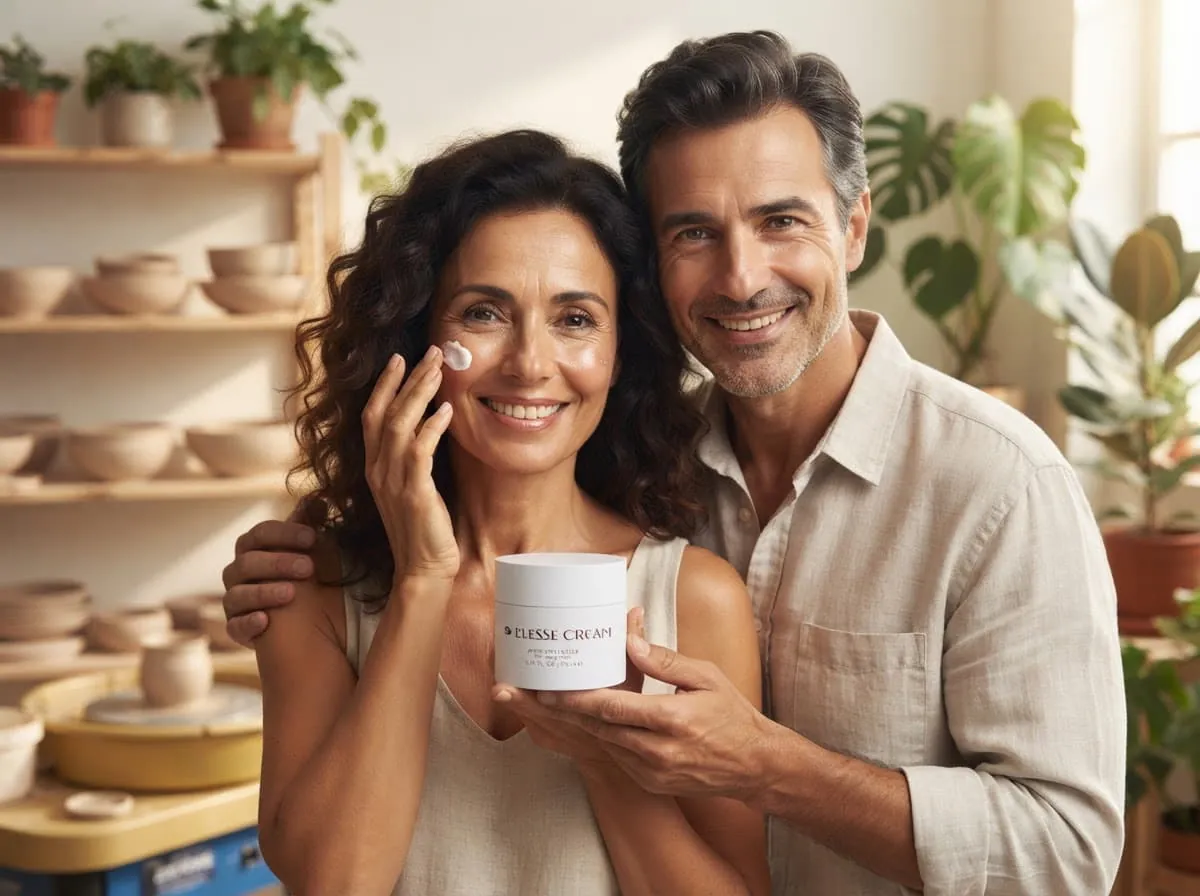 Couple smiling and holding a face cream jar in a pottery studio