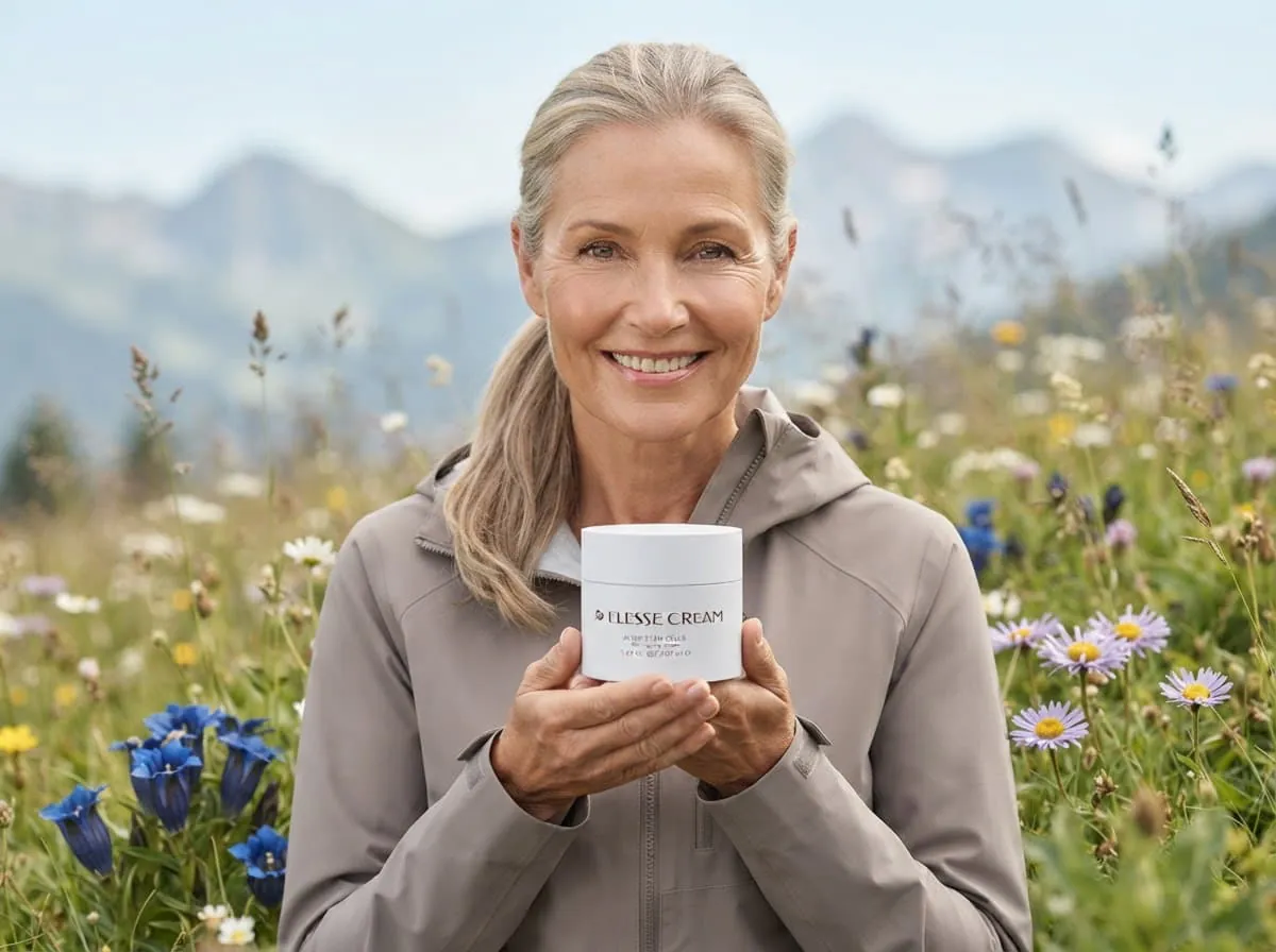 Smiling woman with silver hair holding a jar of face cream in a mountain meadow