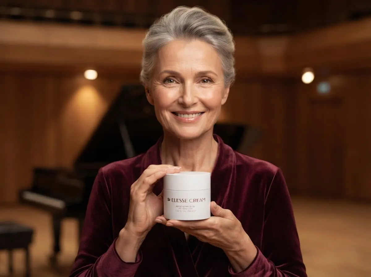 Woman holding a jar of Elesse Cream in a concert hall
