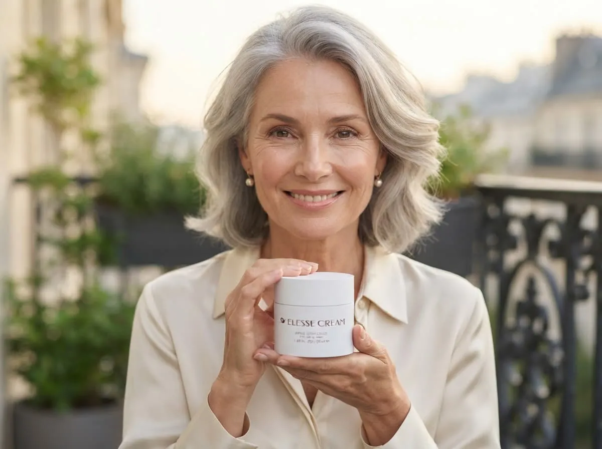 Woman holding a jar of face cream on a sunny balcony
