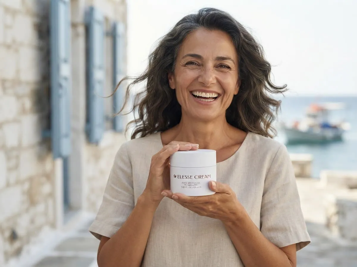 Smiling woman holding a jar of Elesse Cream by the sea