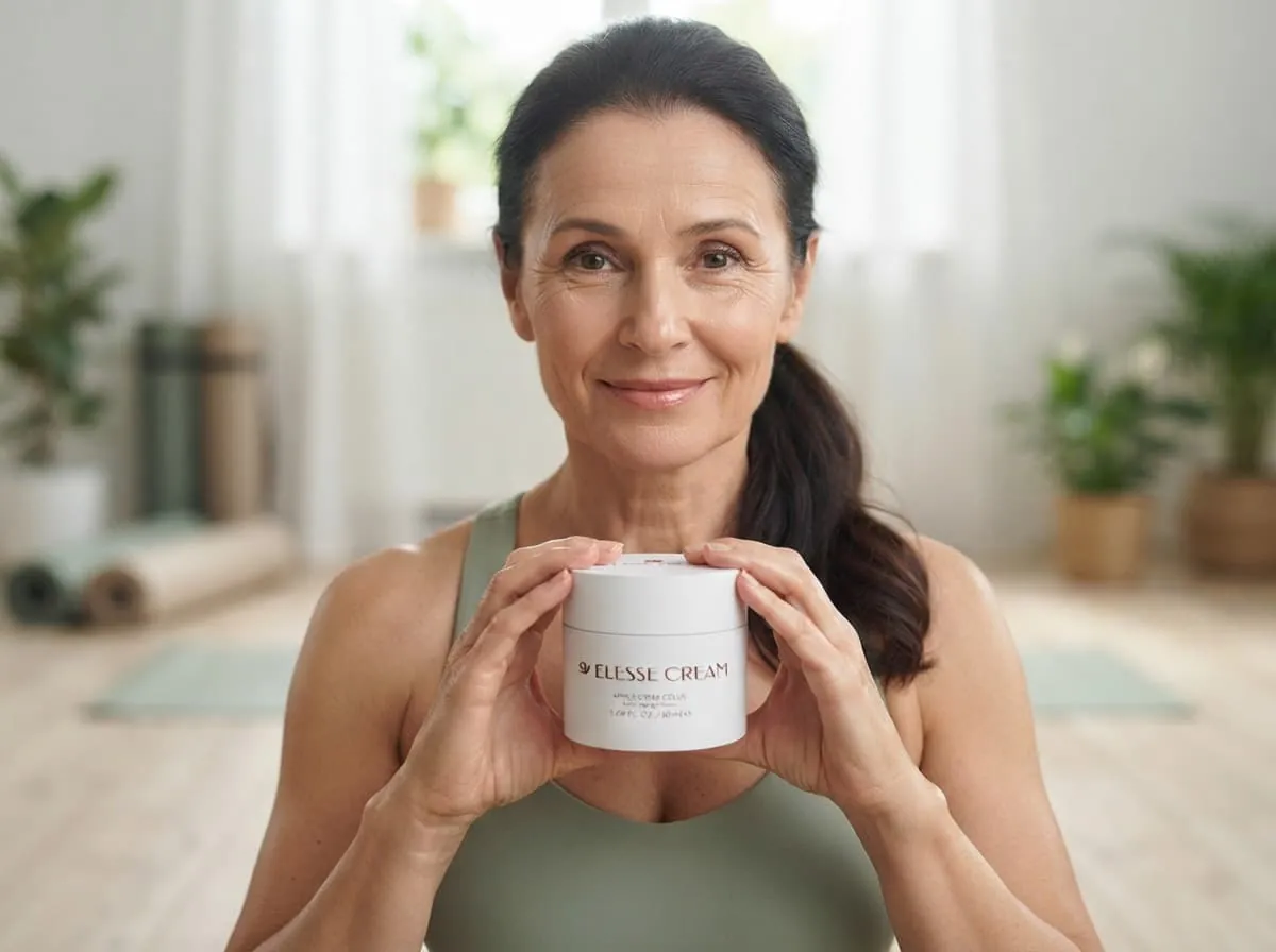 Woman holding a jar of Elesse Cream in a light room