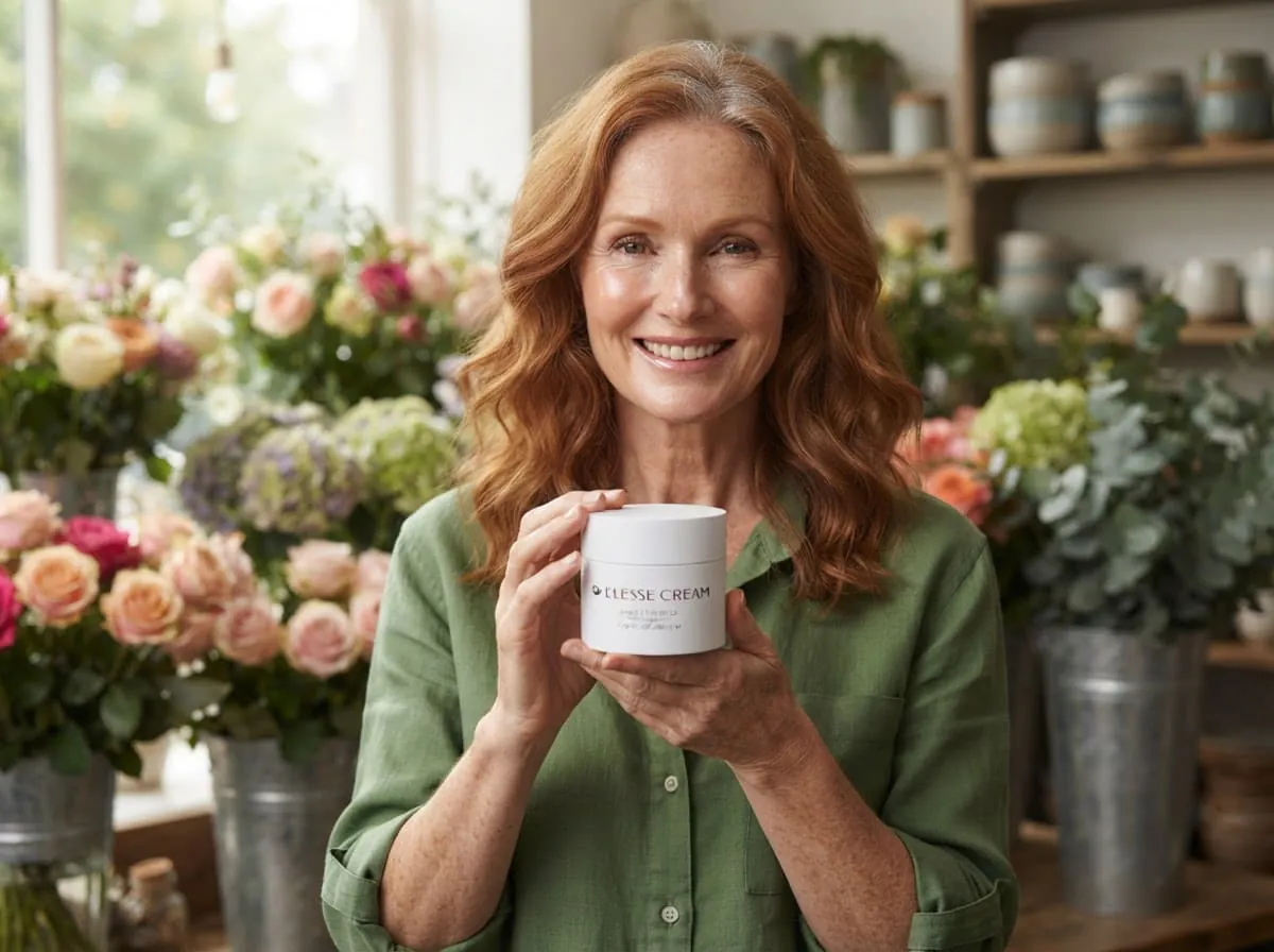 Woman holding a jar of Elesse Cream in a flower shop