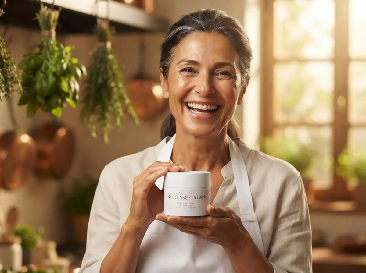 Smiling woman holding a jar of Elesse Cream in a rustic kitchen