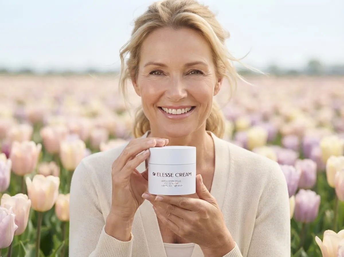 Woman holding a jar of Elesse Cream in a field of spring flowers