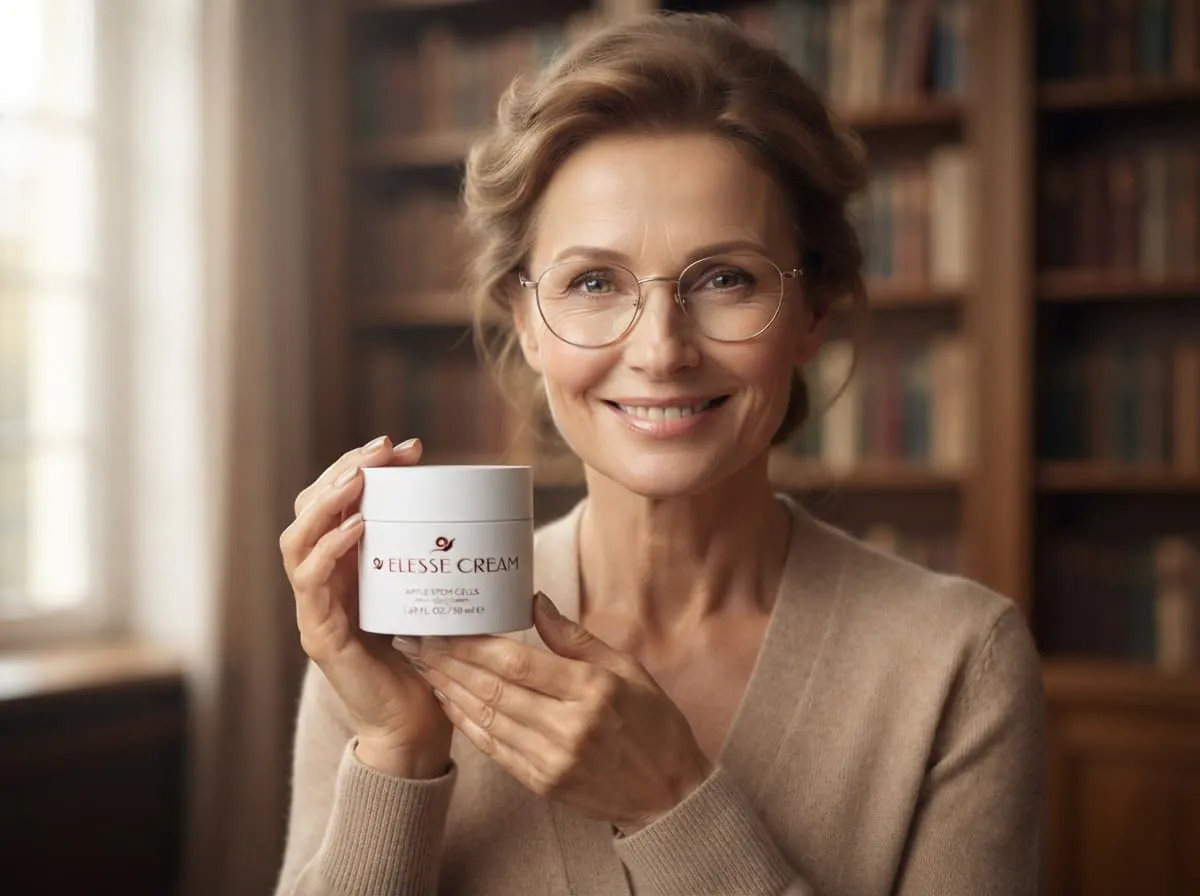 Woman with glasses holding a jar of Elesse Cream in a library