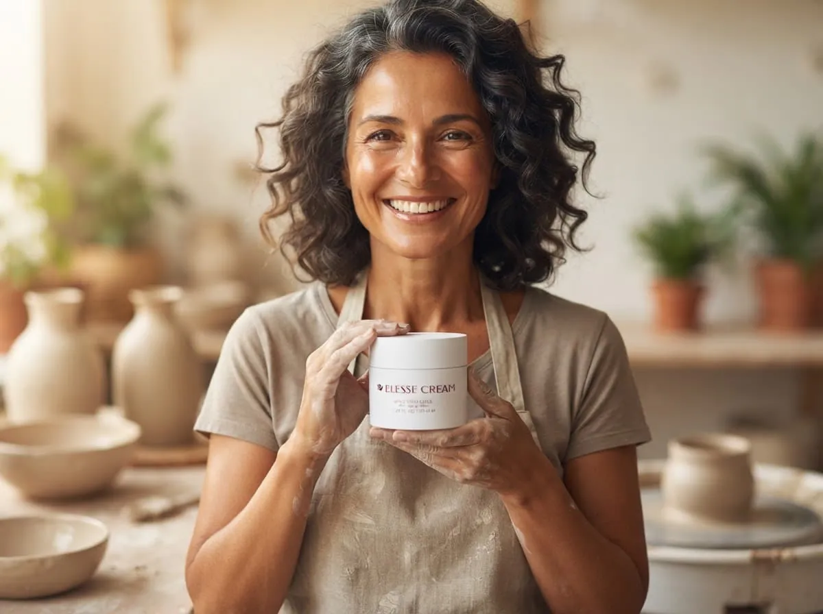 Smiling woman holding a jar of face cream in a ceramics studio