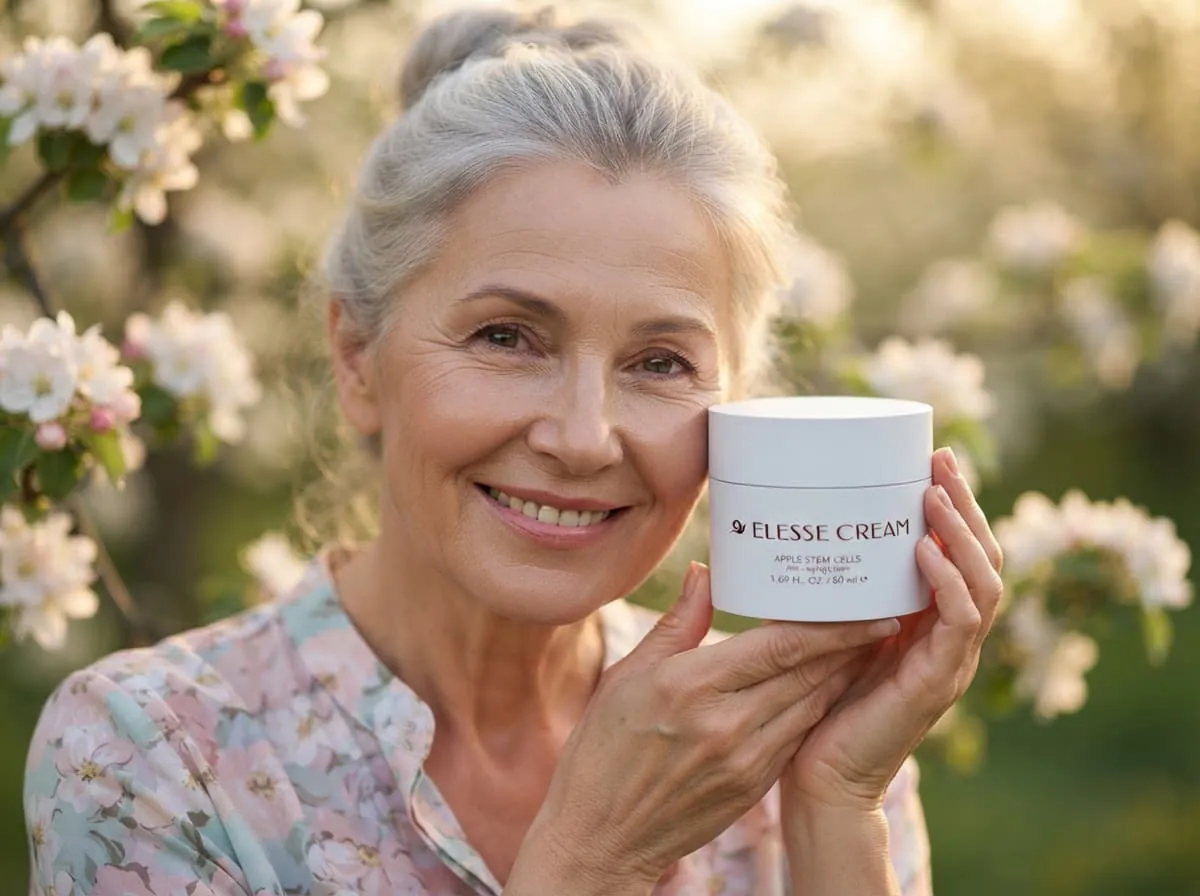 Woman holding a jar of Elesse Cream beside her cheek in a blossoming garden