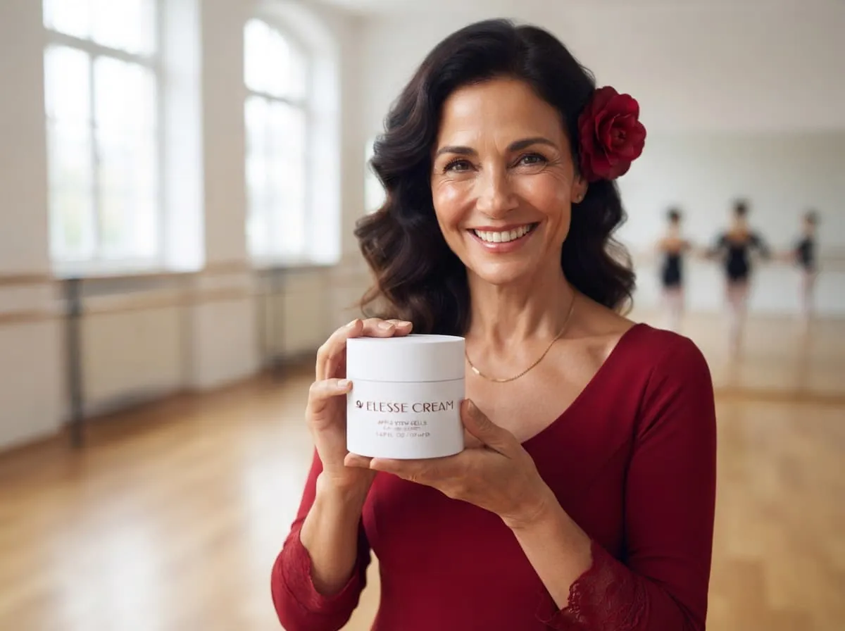 Woman with dark hair holding a jar of face cream in a bright hall