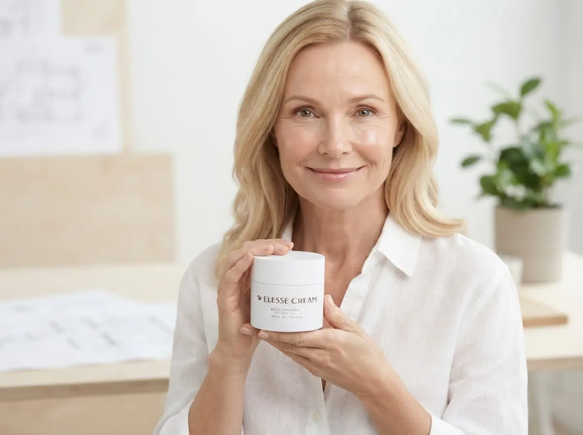 Blonde woman smiling and holding a jar of face cream in a bright room
