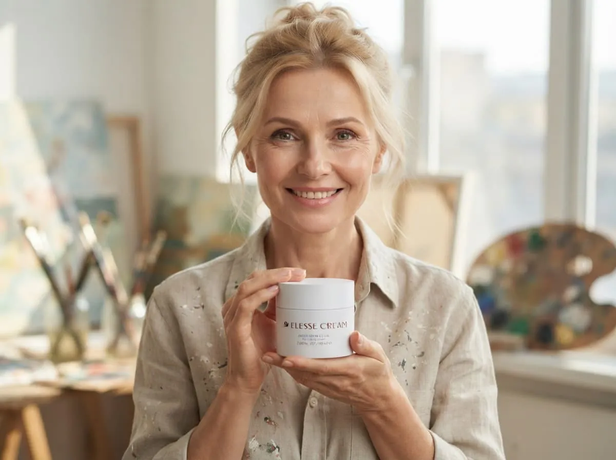 Woman holding a jar of Elesse Cream in a bright studio